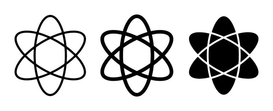 Atomic Orbit Symbols, Science Icons, and Abstract Geometric Shapes. Set of three stylized atom models in outline and solid black, representing physics, chemistry, and research.
