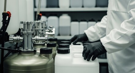 Fototapeta premium Laboratory technician handling chemical container with stainless steel equipment setup