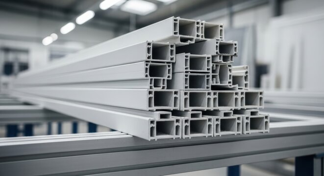 aluminum profile stack in factory industrial warehouse metal construction material