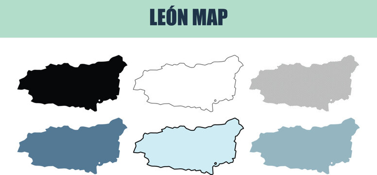 Six diffrent style fill stock line and lined maps of Leon region during bright daylight flat graphic