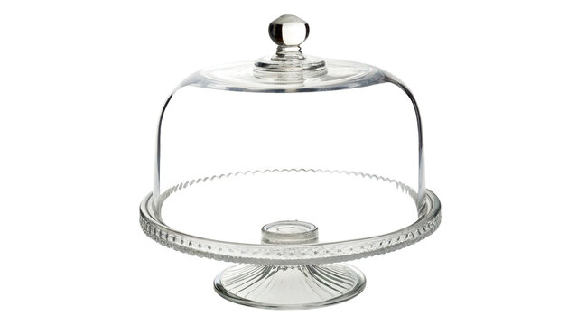 Empty transparent glass cake stand dome plate serving utensil isolated on transparent background Png cut out