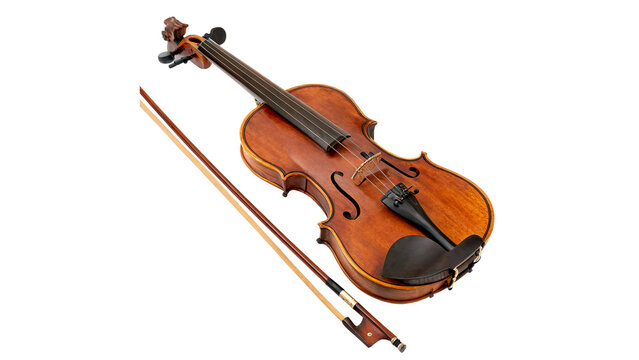 Classic wooden violin with bow traditional classical music instrument isolated on transparent background Png cut out