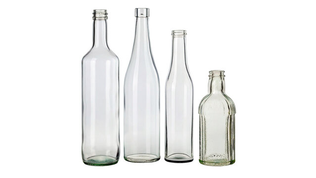 Row of different empty transparent glass bottles recycling concept isolated on transparent background Png cut out