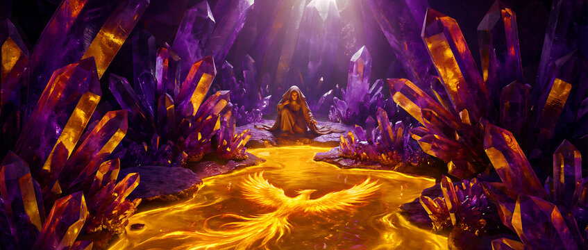 Hooded wizard kneeling before a golden pool with a phoenix in a crystal cavern. Giant purple amethysts surround the mystical character. Fantasy magic and rebirth concept for creative storytelling.