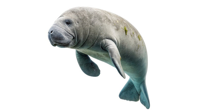 Large grey manatee dugong swimming gracefully wild marine animal isolated on transparent background Png cut out