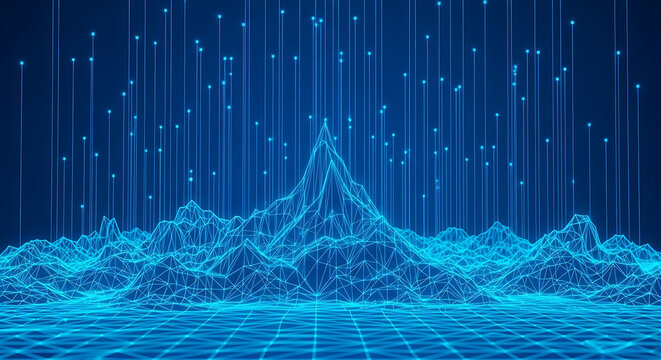 Abstract digital landscape of a wireframe mountain range with glowing data stream rain landscape wireframe mountain technology communication connectivity abstract information programming