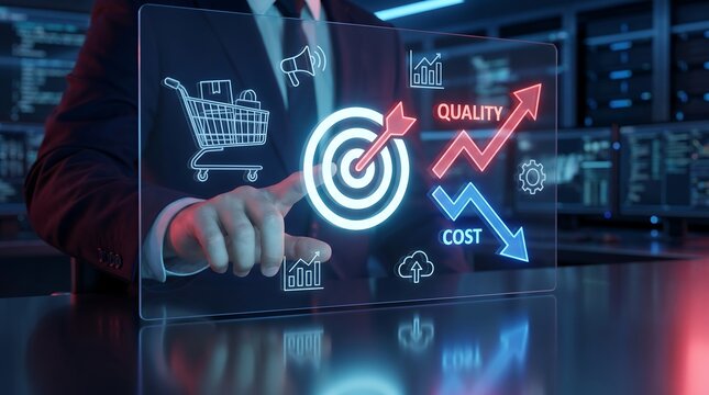 Business professional interacting with digital interface showing quality improvement and cost reduction trends for retail business optimization and supply chain management