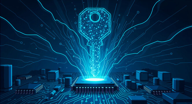 Digital glowing key icon emerging from a microchip on a motherboard. Futuristic technology visualizing data encryption and access control. Cybersecurity concept for software security marketing.