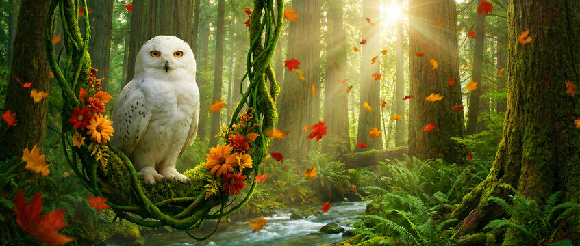 Snowy owl perched on a vine in a sunlit autumn forest. Sunlight glows over falling leaves, a stream, and ferns. Fantasy wildlife concept for storytelling and seasonal nature themes.
