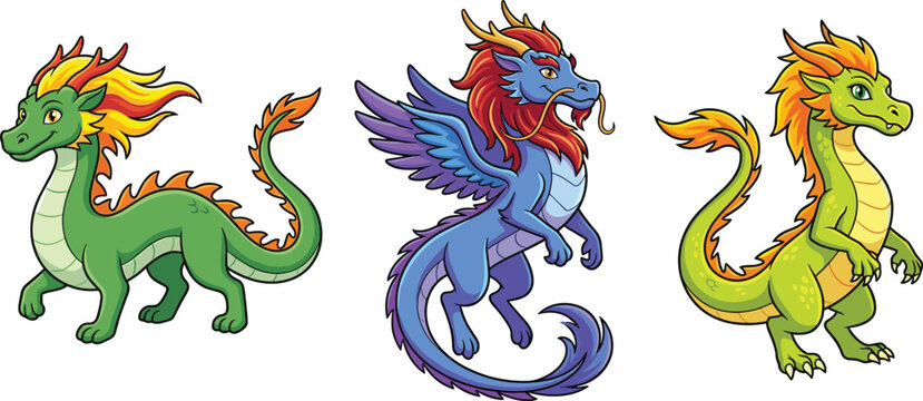 Set of cute cartoon eastern dragon characters isolated on white background, featuring colorful friendly asian mythical creatures and fantasy animals