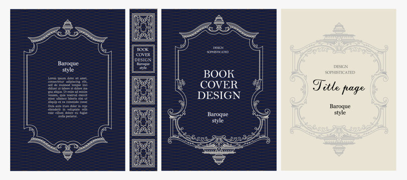 Classic vintage book cover, title page, spine design with Art Deco, Baroque, Art Nouveau and Victorian ornaments. Elegant decorative frame, retro style for publications, posters and artistic layouts.