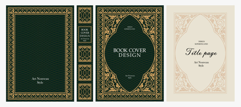 Classic vintage book cover, title page, spine design with Art Deco, Baroque, Art Nouveau and Victorian ornaments. Elegant decorative frame, retro style for publications, posters and artistic layouts.