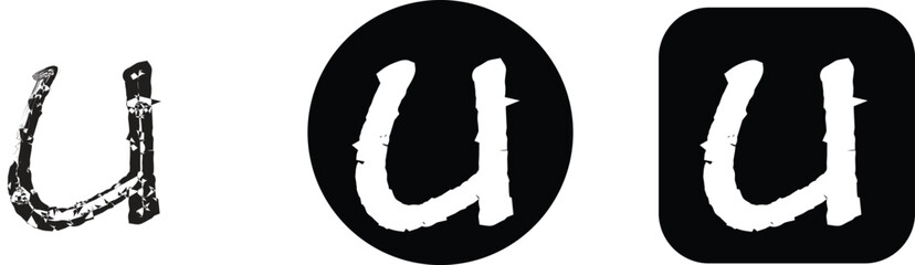 Letter u in three styles, including a textured black version, a white letter inside a black circle, and a white letter in a rounded square © Ahed
