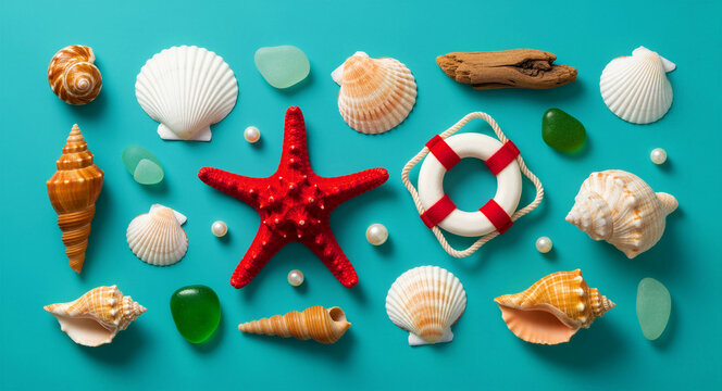 Red starfish and seashells on a turquoise background. Flat lay with lifebuoy, pearls, and sea glass. Nautical summer theme ideal for travel marketing and beach branding.