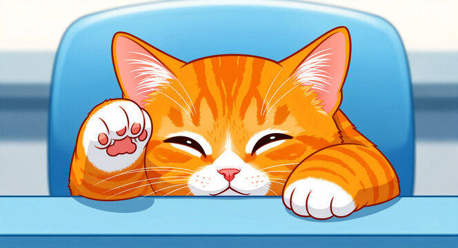 Cute ginger kitten waving its paw over a blue desk. Adorable cartoon cat with closed eyes and a happy expression in a bright illustration style. Friendly pet mascot concept for animal media content.