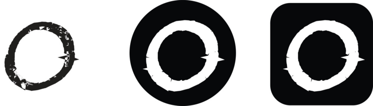 Letter o in three styles, including a textured black version, a white letter inside a black circle, and a white letter in a rounded square