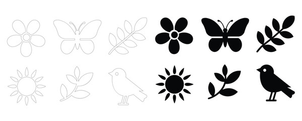 Fototapeta premium Nature and garden themed icon set collection with butterfly silhouette wildlife isolated
