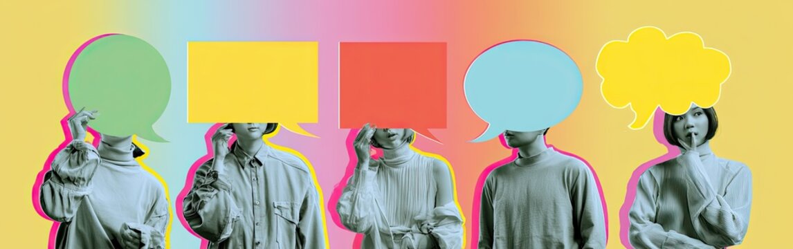 Five figures with colorful speech bubbles replacing their heads
