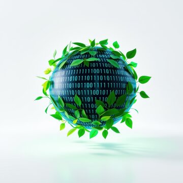 Globe covered in leaves, binary code visible. Represents digital world, nature, sustainability concepts. Bright, clean aesthetic.