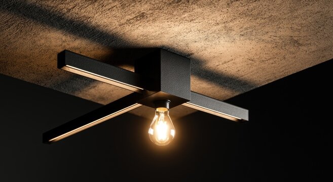 Modern black ceiling light fixture with exposed bulb, casting shadows