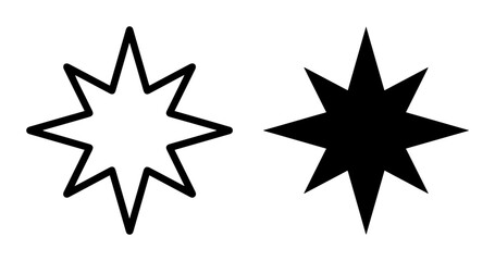Obraz premium Eight-Pointed Star Icons, Simple Geometric Shapes, Black and White Graphic Elements, Abstract Starburst Symbols