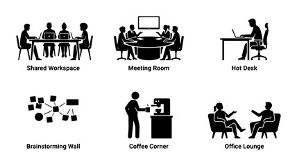 Fototapeta premium Modern Office Icons: Shared Workspace, Meeting Room, Hot Desk, Brainstorming, Coffee, Lounge