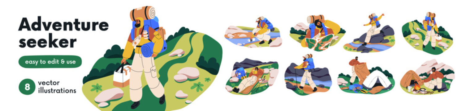 Man hiking, camping set. Solo tourist backpacker. Adventure seeker, hiker, outdoor activity with backpack, bonfire, tent on summer vacation. Flat vector illustrations isolated on white background
