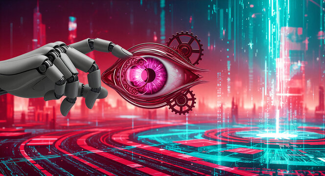 Robotic hand pointing at mechanical pink eye with gears. AI vision technology interface in a futuristic cyberpunk city. Advanced surveillance concept, ideal for tech innovation and data security.