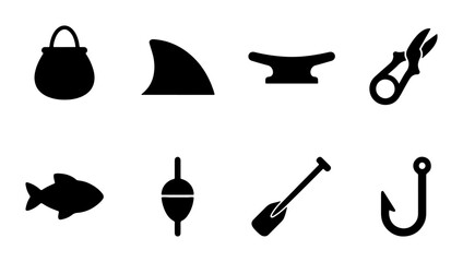 Fishing Icons Set: Hook, Fish, Paddle, Bobber, Pot, Anvil, Scissors, Shark Fin Vector Graphics © Fokir