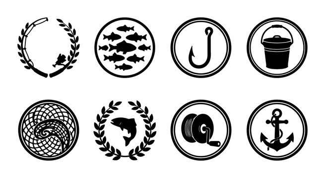 Fishing Icons Set: Rod, Fish, Hook, Bucket, Reel, Anchor, Vector Badges for Outdoor Adventure and Sport