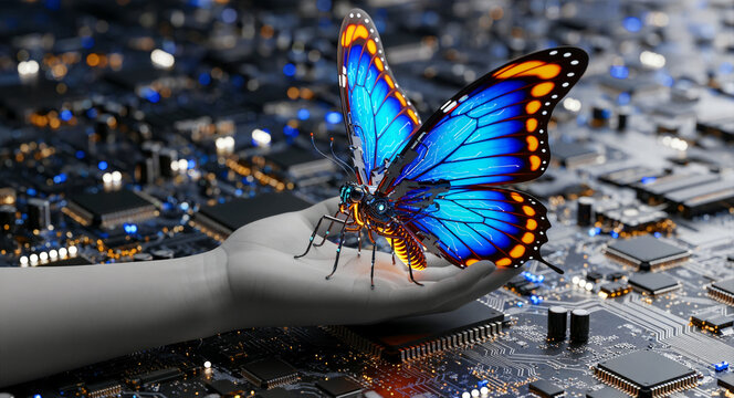 Robotic butterfly with glowing wings resting on a human hand. Cybernetic insect perched over a detailed computer motherboard. Biomimicry and AI concept for futuristic technology and innovation.