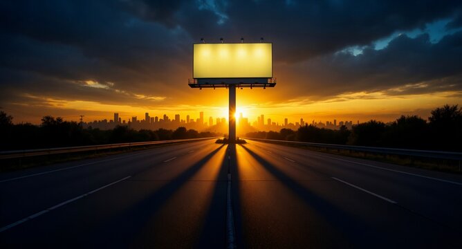 Dramatic Sunset Over Highway with Bright Billboard Light