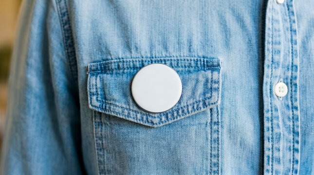 Close-up shot of a blank white round button badge pinned onto the pocket of a light blue denim shirt, perfect for mockups.
