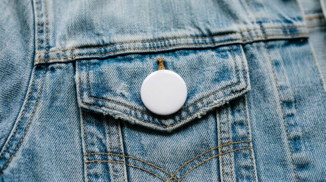 Close up shot of a blank white circle button badge pinned onto the pocket flap of a classic blue denim jacket, ideal for custom mockups.