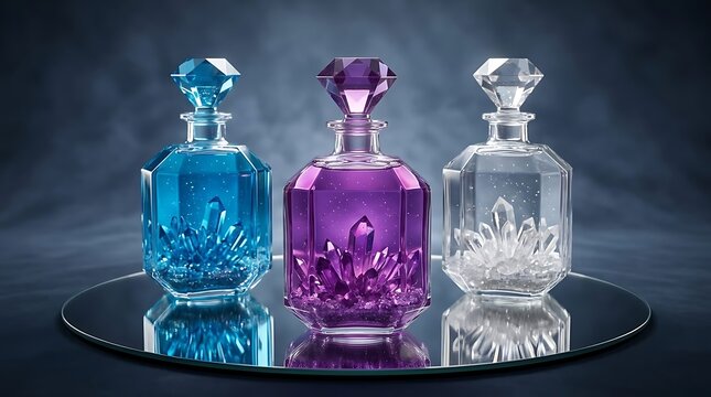 Tiga botol kristal elegan memantulkan bayangan pada cermin berisi formasi batuan tajam melambangkan kemewahan misterius dan energi pesona magis