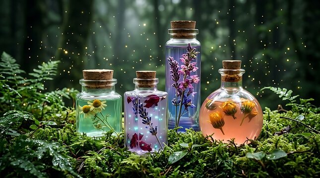 Beberapa botol kaca berisi ramuan herbal bunga dan tanaman botani menyala melambangkan penyembuhan alami pengobatan tradisional dan keajaiban alam liar