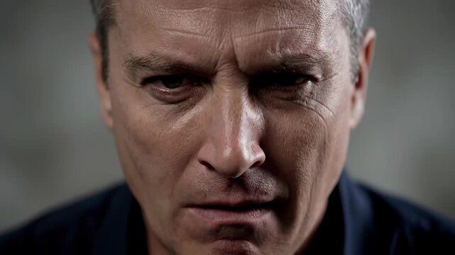 Close-up of middle-aged man's face, close-up of middle-aged man's serious expression