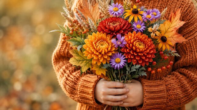 Child in cozy orange sweater holding vibrant autumn floral bouquet