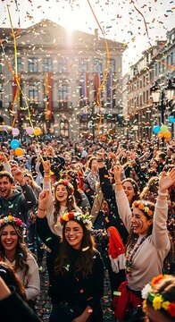 Joyful crowd celebrating with colorful confetti in a festive city square.