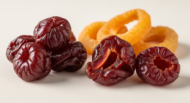Dried deep red cherries and golden yellow dried fruit rings