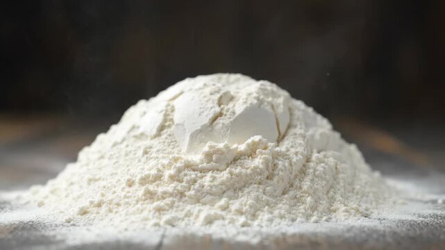 Flour raises close-up material, dusting flour on the flour pile in slow motion