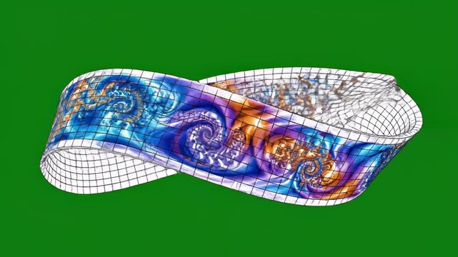 Abstract Mobius Strip twisting with intricate fractal patterns during a clean studio shot