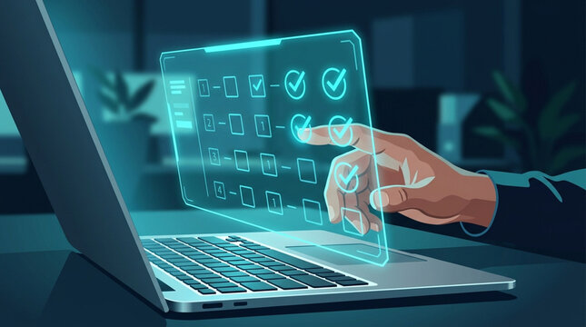 Futuristic transparent screen with a human hand interacting with glowing checkboxes, symbolizing digital task management and online survey completion for business process automation, UX design, and