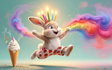 Naklejka premium Happy bunny leaps with birthday candles, rainbow smoke swirls around festive ice cream cone.
