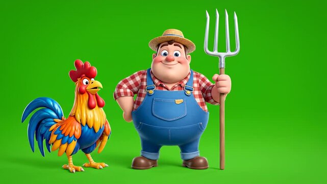 Animated Farmer with Rooster celebrating success during sunny day on green screen background