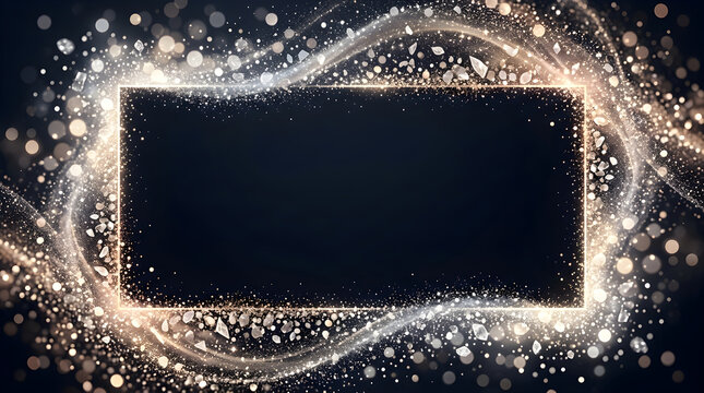 Rectangular frame with glowing silver particles and glitter light swirls on a dark black background