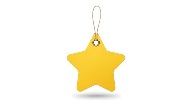 Yellow star shaped gift tag hanging with string isolated on white background, product presentation and advertising concept.