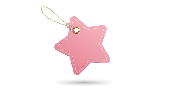 Pink star shaped gift tag hanging with string isolated on white background, product presentation and advertising concept.