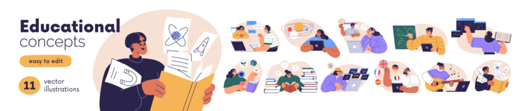 Education concept set. Students learning online. People studying via internet with laptop, book. Physics, coding, science lessons, training. Flat vector illustrations isolated on white background