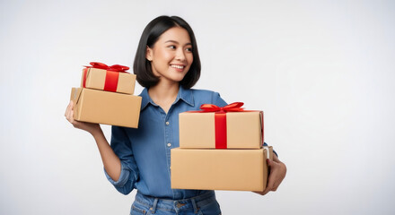 Obraz premium Happy Young Asian Woman Holds Gift Boxes Ready for Delivery and Celebration